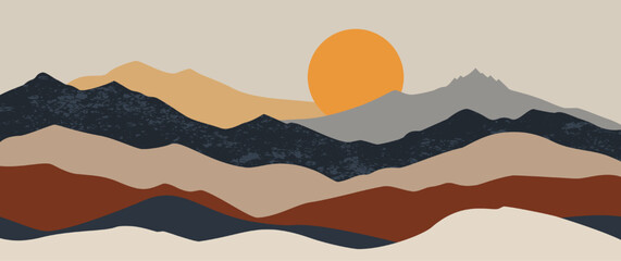 Abstract boho mountain landscape hand drawn vector with orange sun and dark hills for valentine seasonal decor nature poster design aesthetic wall art print