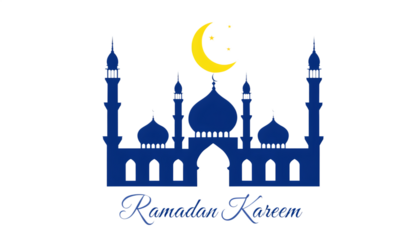 Ramadan kareem greeting with a blue mosque silhouette under a crescent moon and stars

