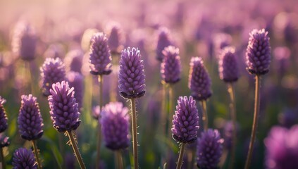 Lively cluster of blooming purple clover up close