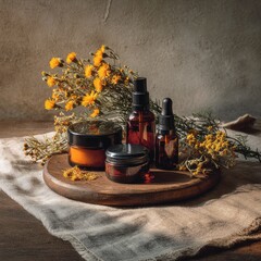 Skincare vials, jars, and florals resting on a linen and wooden tray