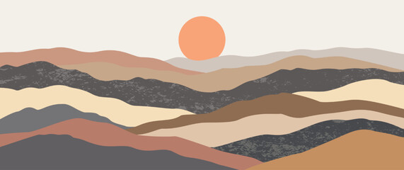 Abstract mountain landscape hand drawn vector background with sunset and brown hills for valentine wedding invitation card boho nature wall art illustration