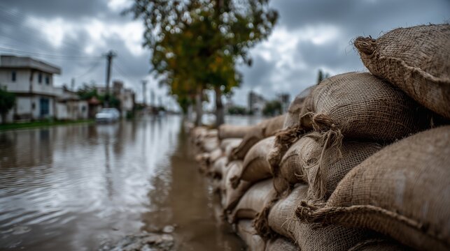 Sandbag barrier on flooded street protecting property, concept, flood mitigation control using temporary barrier to prevent water ingress.