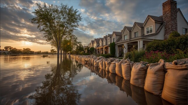 House protected by sandbag barrier along flooded shoreline at sunset, symbolizing property flood protection and emergency resilience.