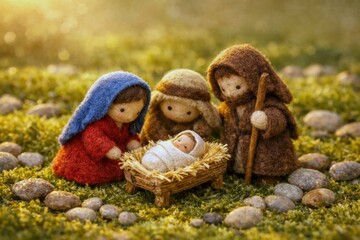 Nativity Christmas felt dolls handmade holy family scene with baby Jesus in manger, wool figurines arranged on grass with warm festive atmosphere
