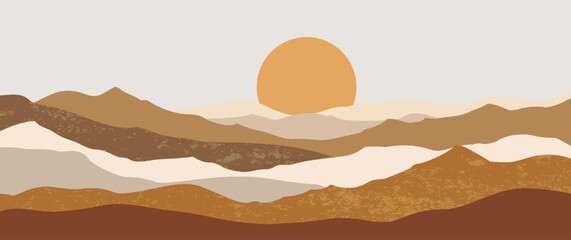 Minimalist boho mountain landscape hand drawn vector with warm sun and layered hills for valentine seasonal decor nature poster design aesthetic wall art print
