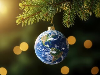 Crafted earth ornament hanging on a Christmas tree branch, symbolizing global unity and the spirit of the holiday season
