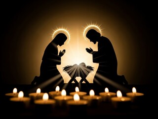 Silhouette of Mary and Joseph kneeling in prayer over baby Jesus in manger, illuminated by divine light and surrounded by candles for Christmas nativity scene