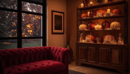 Living room adorned for Halloween with couch and shelves