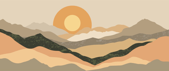 Modern boho mountain landscape hand drawn vector with double sun and orange hills for valentine wedding invitation nature aesthetic wall art illustration