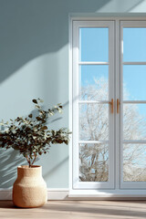 Potted houseplant in woven basket by winter window