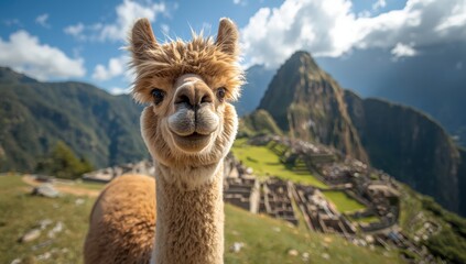 Obraz premium Llama on a mountain in Machu Picchu, Peru
