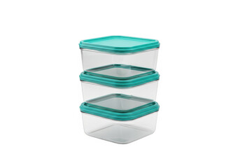 Stackable square food storage containers with teal lids for kitchen organization and meal prep
