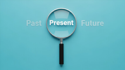 Magnifying glass focuses sharply on the word present highlighting immediate attention while past and future remain blurred concepts