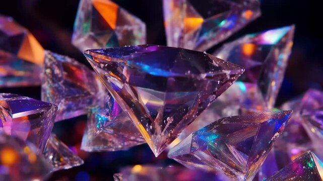 Showcases of shiny clear diamonds with bright reflections in various colors, highlighting their shapes and patterns against a dark background