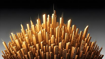 Abstract visualization of a dense, glowing golden metropolis showcasing towering futuristic skyscrapers against a dark background