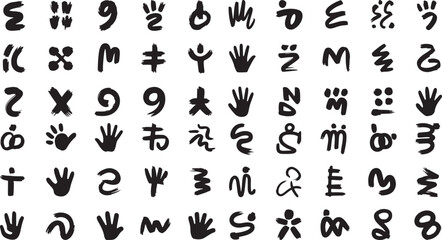 Collection of unique hand drawn symbols and signs on white background