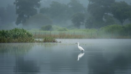 Lone egret in foggy lakeside setting