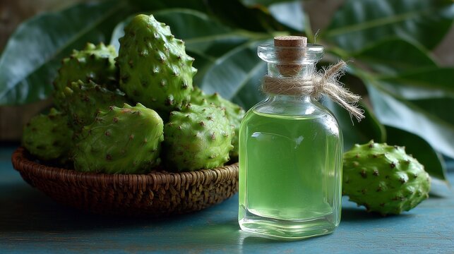 Glass bottle of green soursop bitters with fresh soursop fruit and leaf, symbolizing natural digestive tonic and herbal remedy for stomach wellness.