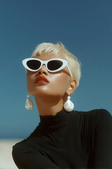 Short blonde hair woman wearing white sunglasses