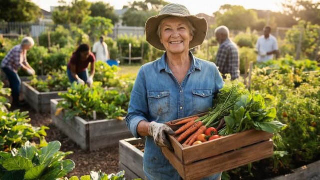 Active aging woman harvesting fresh silver carrots in community garden supporting local economy with healthy organic vegetables and diverse people