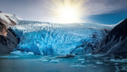 Majestic Glacier Landscape - A Frozen River Under the Suns Gaze.
