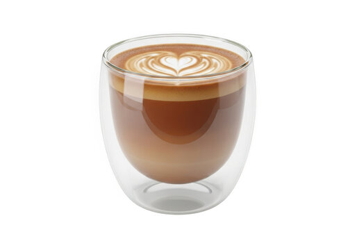 A beautifully crafted latte with intricate heart shaped foam art presented in a modern double walled glass