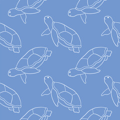 Seamless blue pattern with line art style swimming sea turtle. Marine themed design for summer textile.