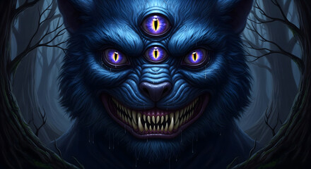 Naklejka premium Four Eyed Blue Beast with a Sinister Smile