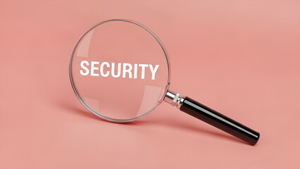 Magnifying glass reveals the important concept of security magnified against a simple light pink background surface