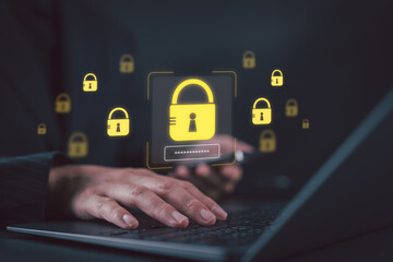 Businesswoman using a mobile phone with a virtual padlock icon, symbolizing data protection, password security, and cybersecurity for safe digital communication and online privacy.