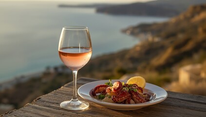 Naklejka premium Loutraki: Ionian coast, octopus and Greek rosé