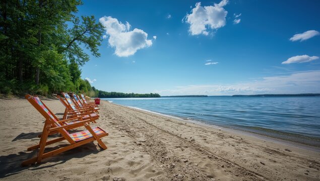 Lounge chairs by the sandy lakeside in Klink, Germany