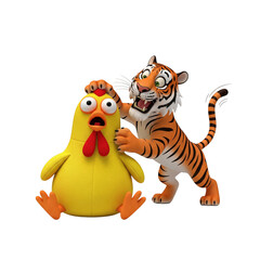 Naklejka premium Humorous animal cartoon: Tiger teasing scared chicken on isolated black backdrop