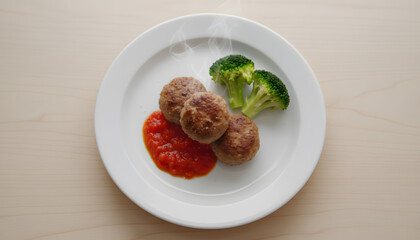 Steaming Turkey Meatballs with Tomato Sauce and Broccoli