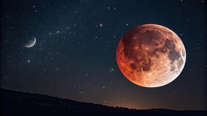 Reddish Full Moon During Lunar Eclipse in Starry Night Sky