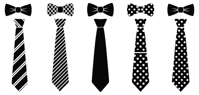 Set of black bow tie vector silhouettes, isolated on white background, for formal wear design, fashion templates, clothing icons, party and event graphics, and professional vector illustrations.