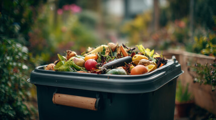 Organic compost bin filled with food waste and vegetable scraps in garden for sustainable recycling and eco friendly living concept