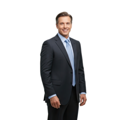 A man in a suit standing against a white background.