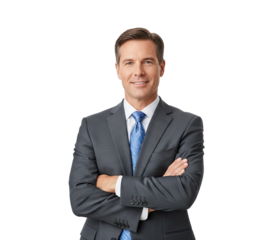 A man in a suit standing against a white background.