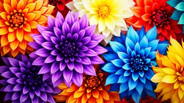 Vibrant floral arrangement featuring a kaleidoscope of colorful dahlia flowers in full bloom.