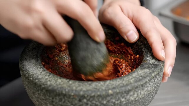 Person grinding spices in a mortar and pestle