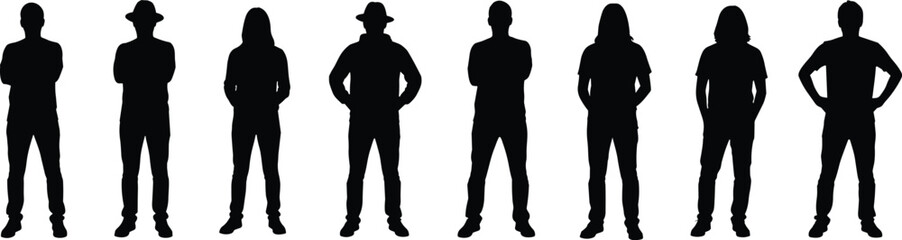 Black silhouettes of people standing in various poses white background