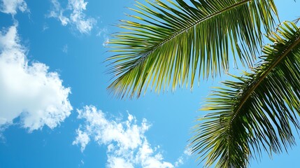 Tropical Paradise: The image portrays a tranquil moment with vibrant palm leaves gently swaying against a bright blue sky filled with fluffy clouds. 