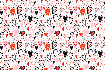 Black red and pink hearts vector seamless pattern, hand drawn background for Valentine's Day package design and banners