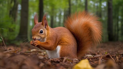 Lovely red squirrel in the woods, munching on a nut