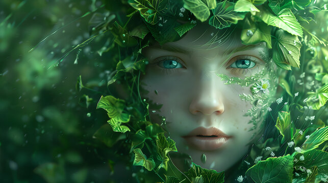 Enchanted forest fairy portrait with green leaves, mystical young woman with glowing eyes