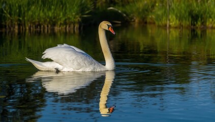Obraz premium Lovely swan gliding on a natural lake; elegant white bird mirrored in the pond