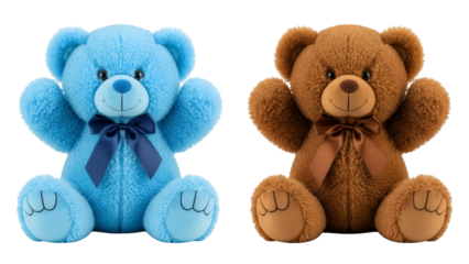 Two teddy bears, one blue and one brown, with bows around their necks, isolated on transparent background