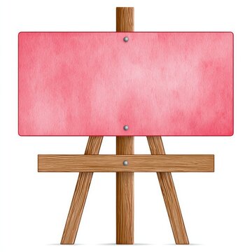 Wooden easel with blank pink canvas for creative art and design projects on white background