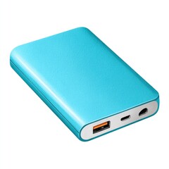 Blue portable power bank with usb and charging ports on white background